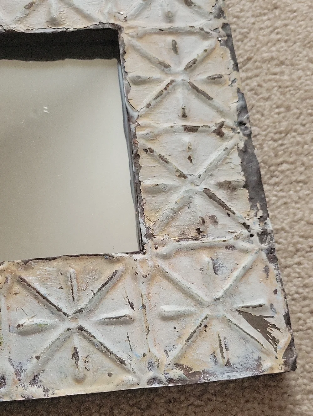 Distressed White Decorative Wall Mirror - Rustic Tile-Pattern Frame.